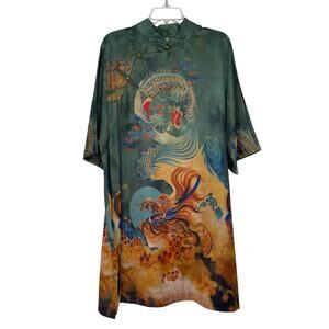 AO Run Oriental Green Short dress Gold Dragon & Rooster Print Dolman Collar